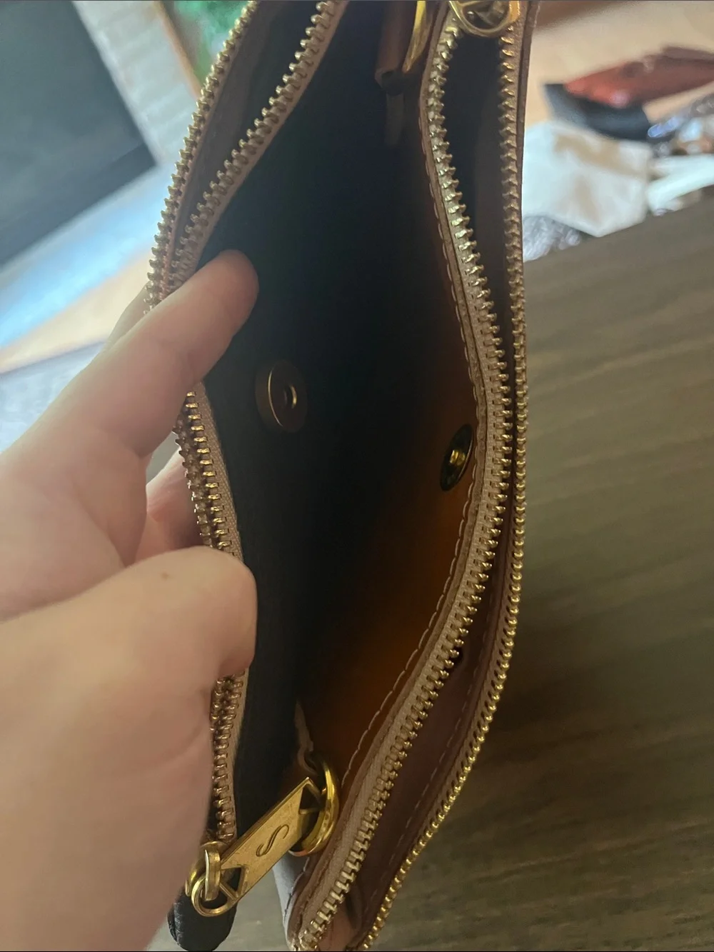Sseko Black Leather Pouch with Tan Strap and Gold Hardware